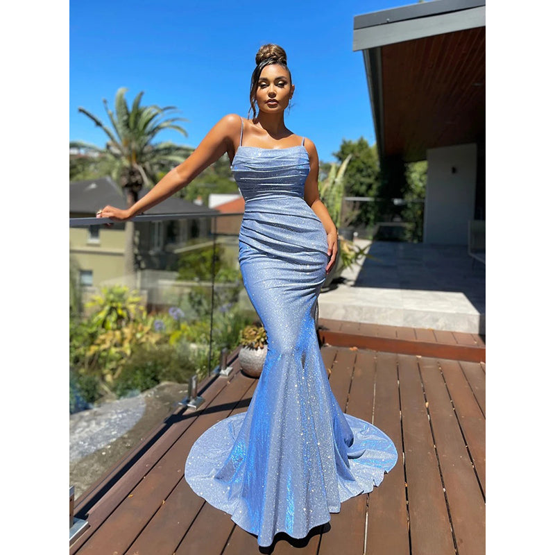 Blue Embellished Shoulder Straps Gathered Detail Maxi Dress