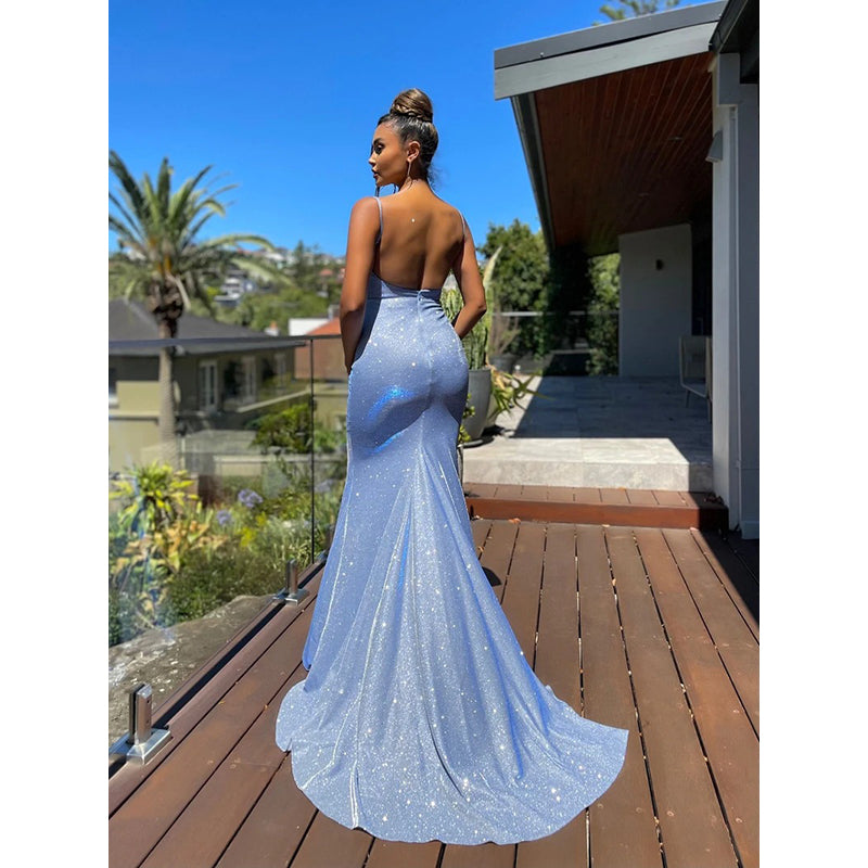 Blue Embellished Shoulder Straps Gathered Detail Maxi Dress