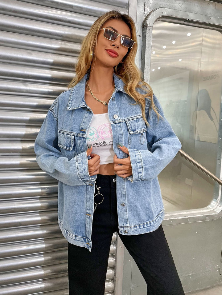 Women Blue Washed Denim Jacket with Patchwork