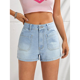 Women Blue High-Rise Washed Cotton Denim Shorts