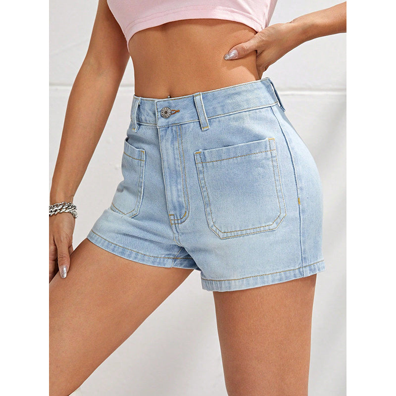 Women Blue High-Rise Washed Cotton Denim Shorts