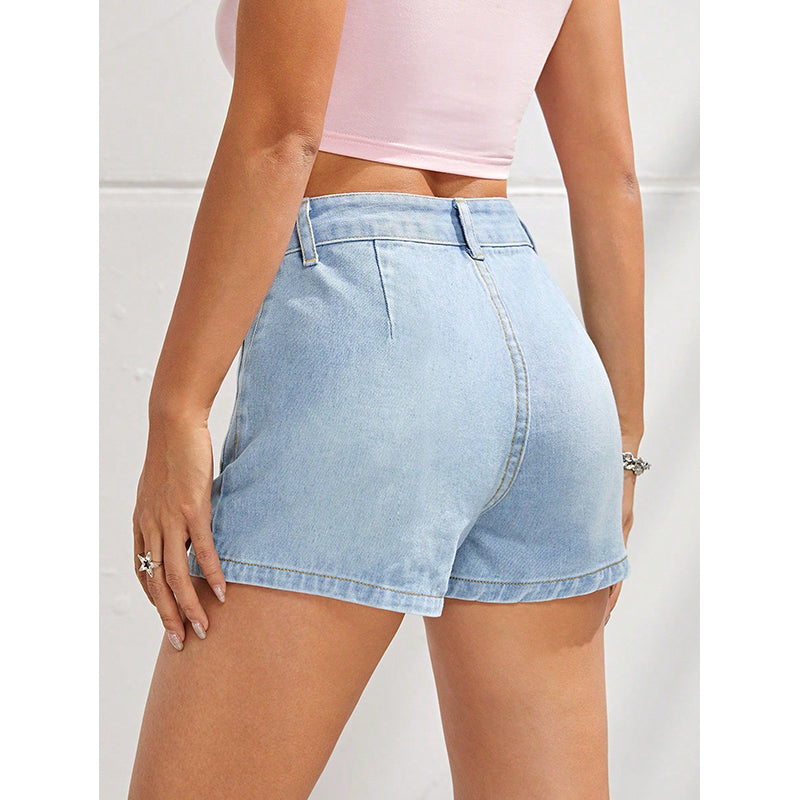 Women Blue High-Rise Washed Cotton Denim Shorts