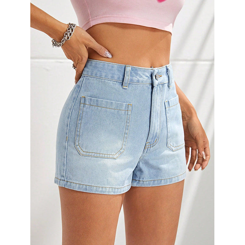 Women Blue High-Rise Washed Cotton Denim Shorts