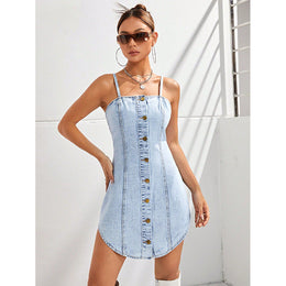 Blue Shoulder Straps Cotton A-Line Dress