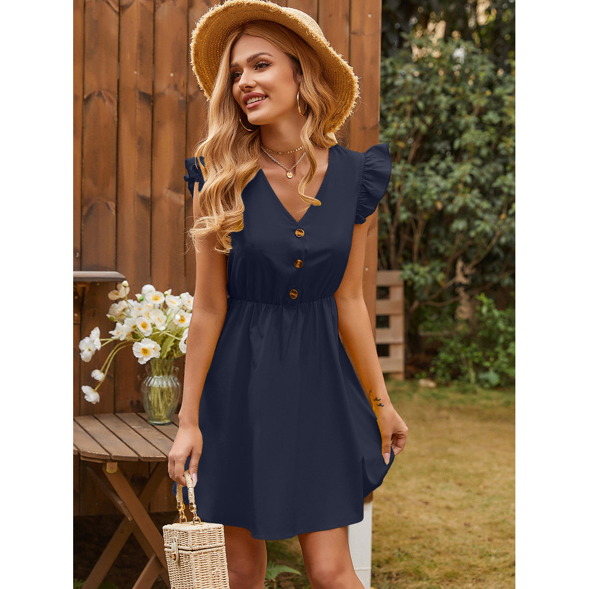 Navy Blue Knee Length Fit & Flare Dress