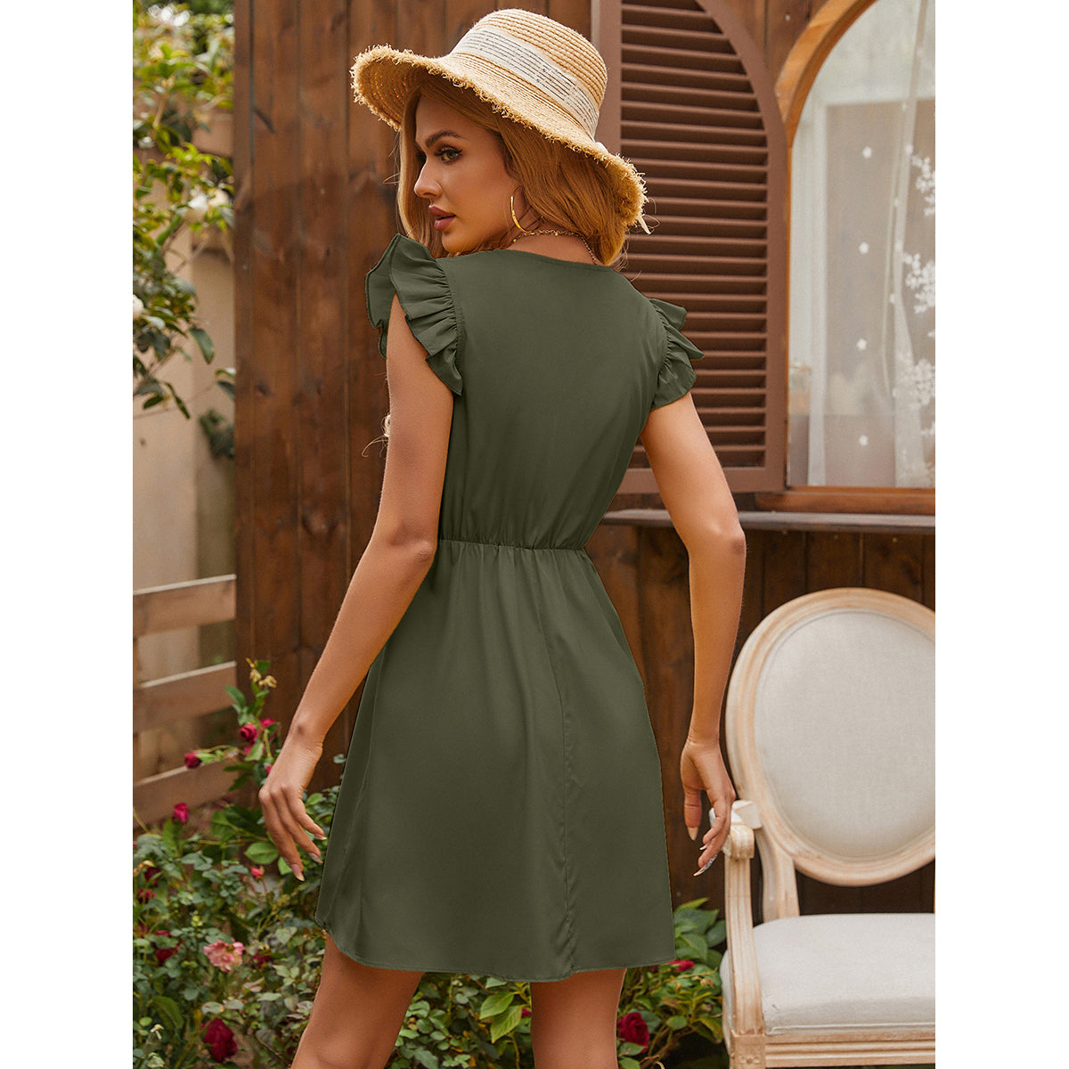 Women Olive Green Solid Fit and Flare V Neck Knee Length Dress