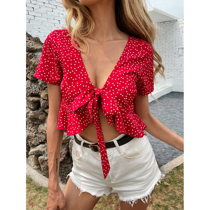 Red Polka Dot Print Tiered Tie-up Crop Top