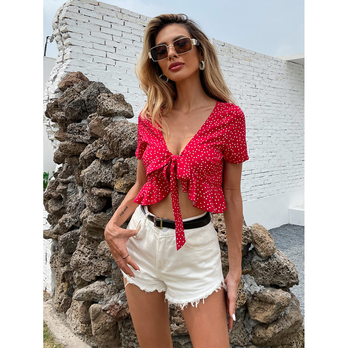 Red Polka Dot Print Tiered Tie-up Crop Top