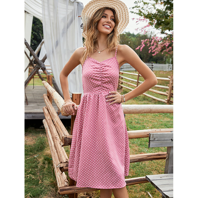 Polka Dot Print Shoulder Straps A-Line Dress