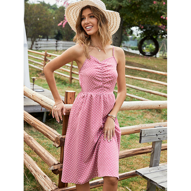 Polka Dot Print Shoulder Straps A-Line Dress