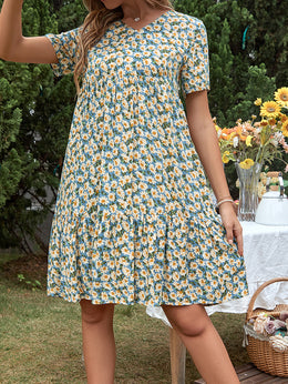 Blue & Yellow Floral Empire Knee Length Dress