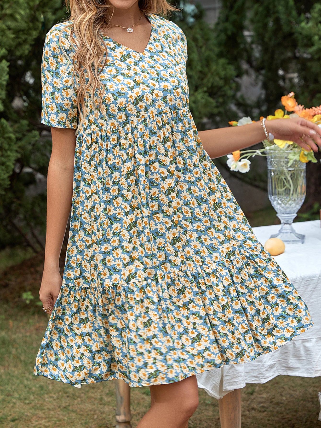 Blue & Yellow Floral Empire Knee Length Dress