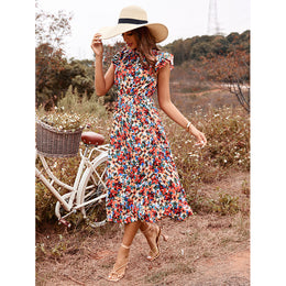 Red Floral Printed High Neck Flutter Sleeve Fit & Flare Midi Dress