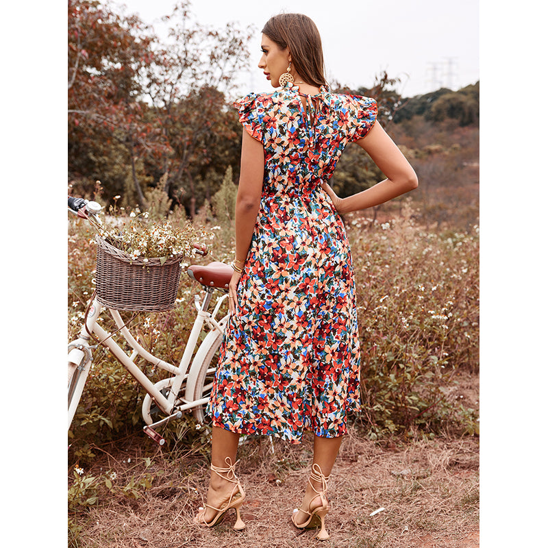 Red Floral Printed High Neck Flutter Sleeve Fit & Flare Midi Dress