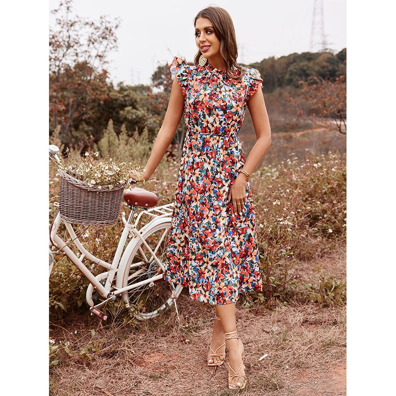 Red Floral Printed High Neck Flutter Sleeve Fit & Flare Midi Dress