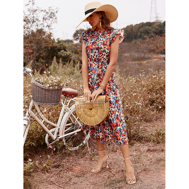 Red Floral Printed High Neck Flutter Sleeve Fit & Flare Midi Dress