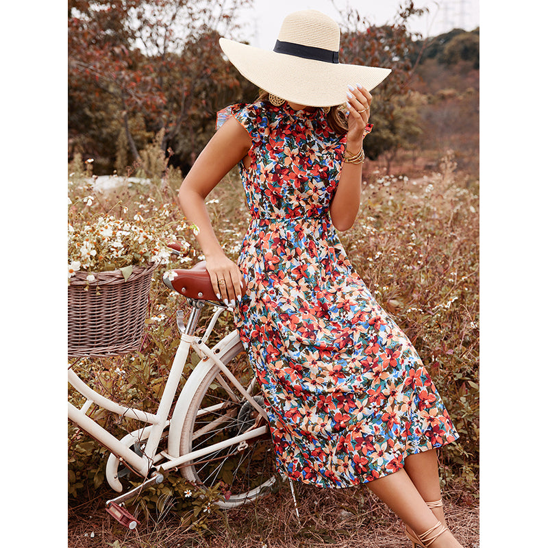 Red Floral Printed High Neck Flutter Sleeve Fit & Flare Midi Dress