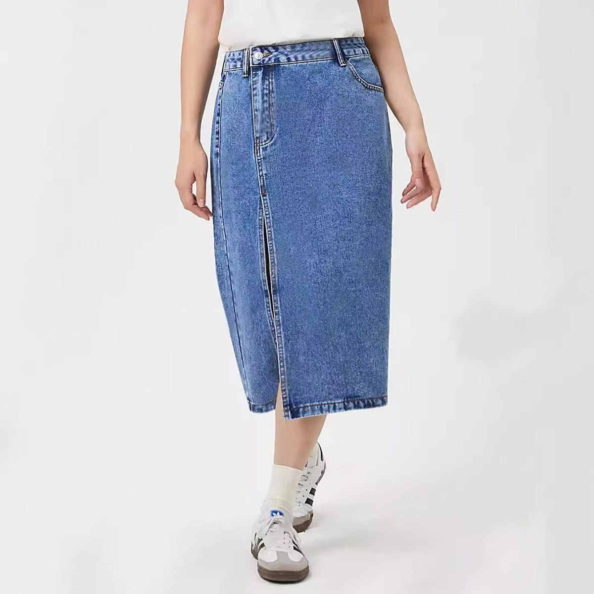 Women Front Slit Straight Midi Skirt