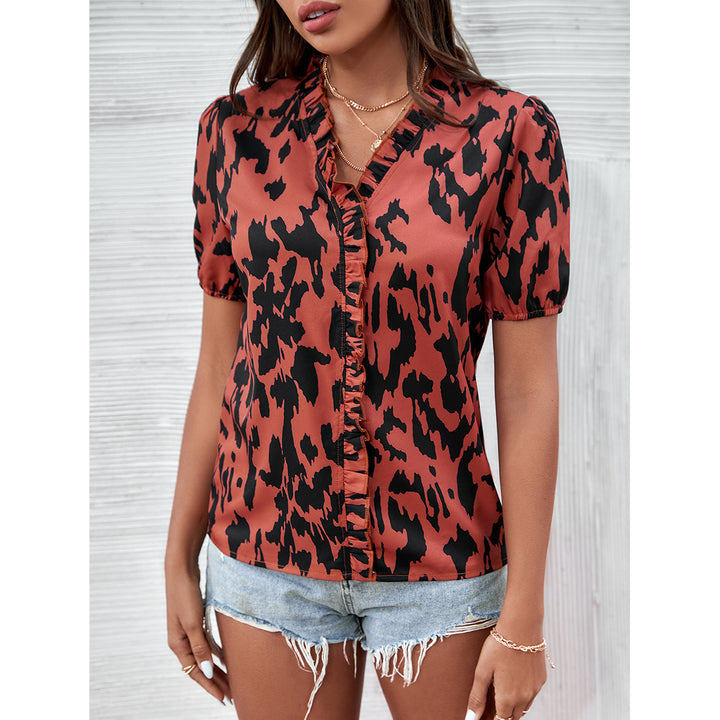 Brown V-Neck Print Ruffles Top