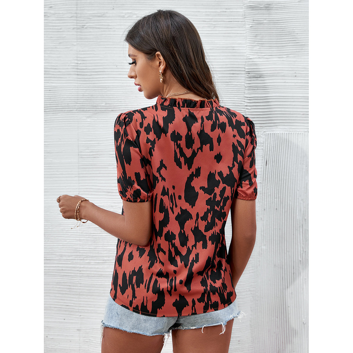 Brown V-Neck Print Ruffles Top