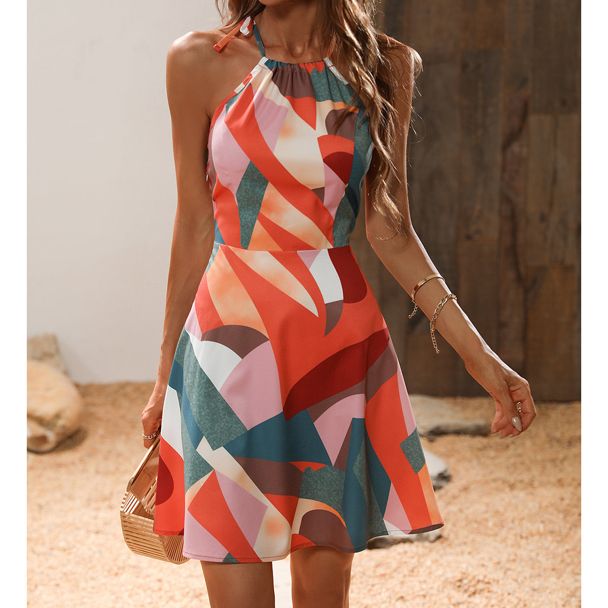 Multicoloured Tie-Up Neck Midi Fit and Flare Dresses