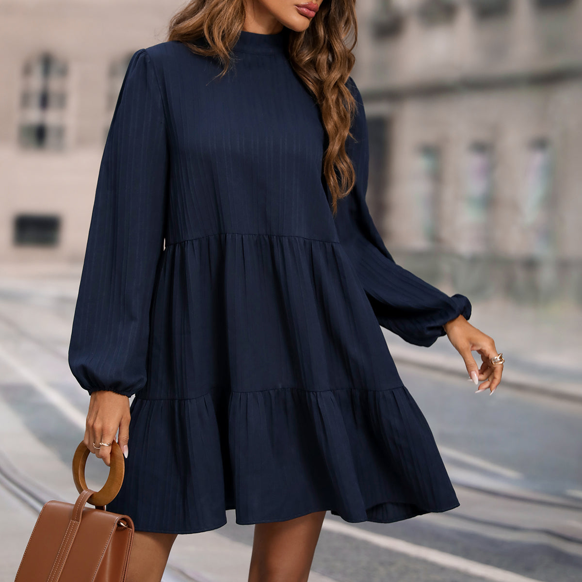Navy Blue Striped Bishop Sleeve A-Line Dress