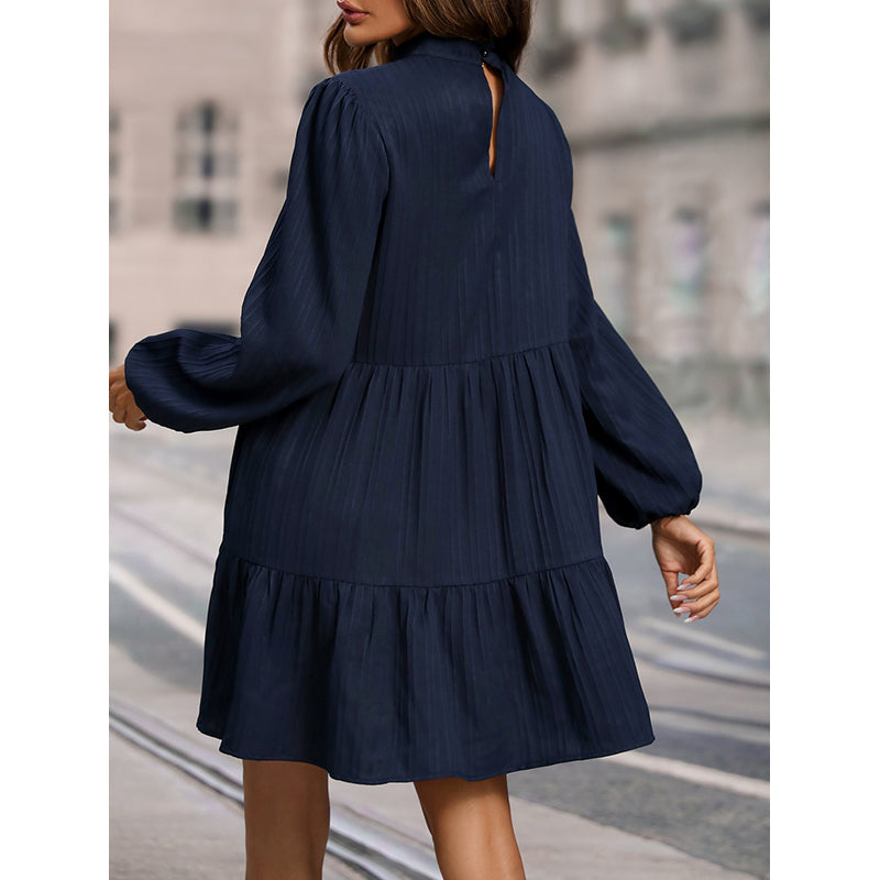 Navy Blue Striped Bishop Sleeve A-Line Dress