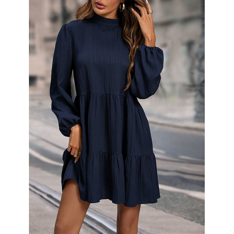 Navy Blue Striped Bishop Sleeve A-Line Dress