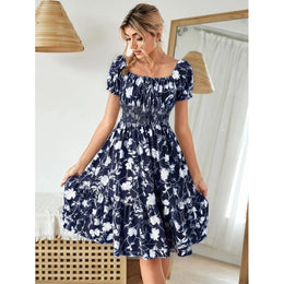 Navy Blue Floral Printed Smocked Fit & Flare Dress