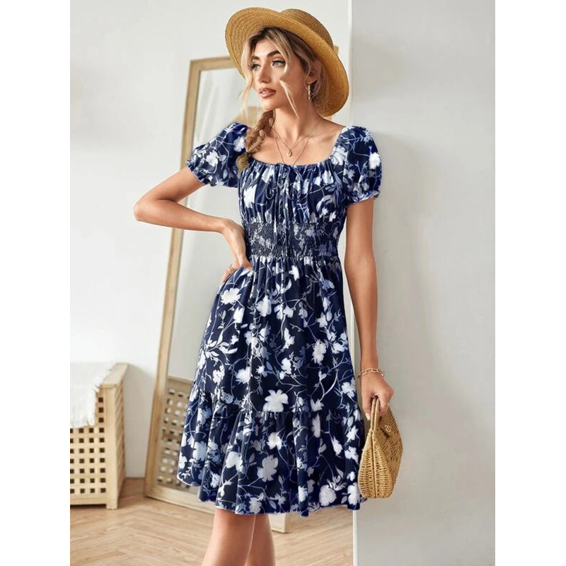Navy Blue Floral Printed Smocked Fit & Flare Dress