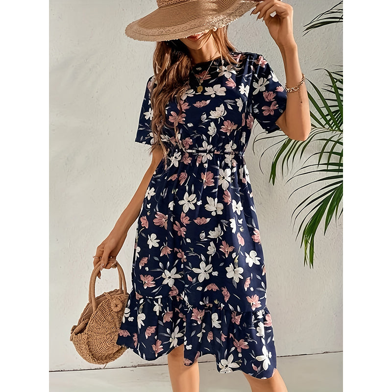Navy Blue Floral Printed A-Line Dress