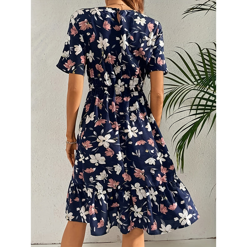 Navy Blue Floral Printed A-Line Dress
