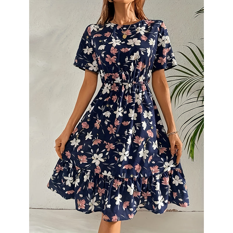 Navy Blue Floral Printed A-Line Dress