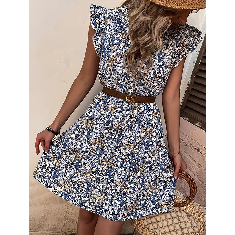 Blue Floral Print Smocked Fit and Flare Mini Dress