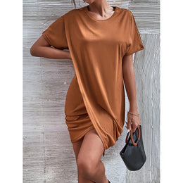 Brown Extended Sleeves Gathered Detail T-shirt Mini Dress