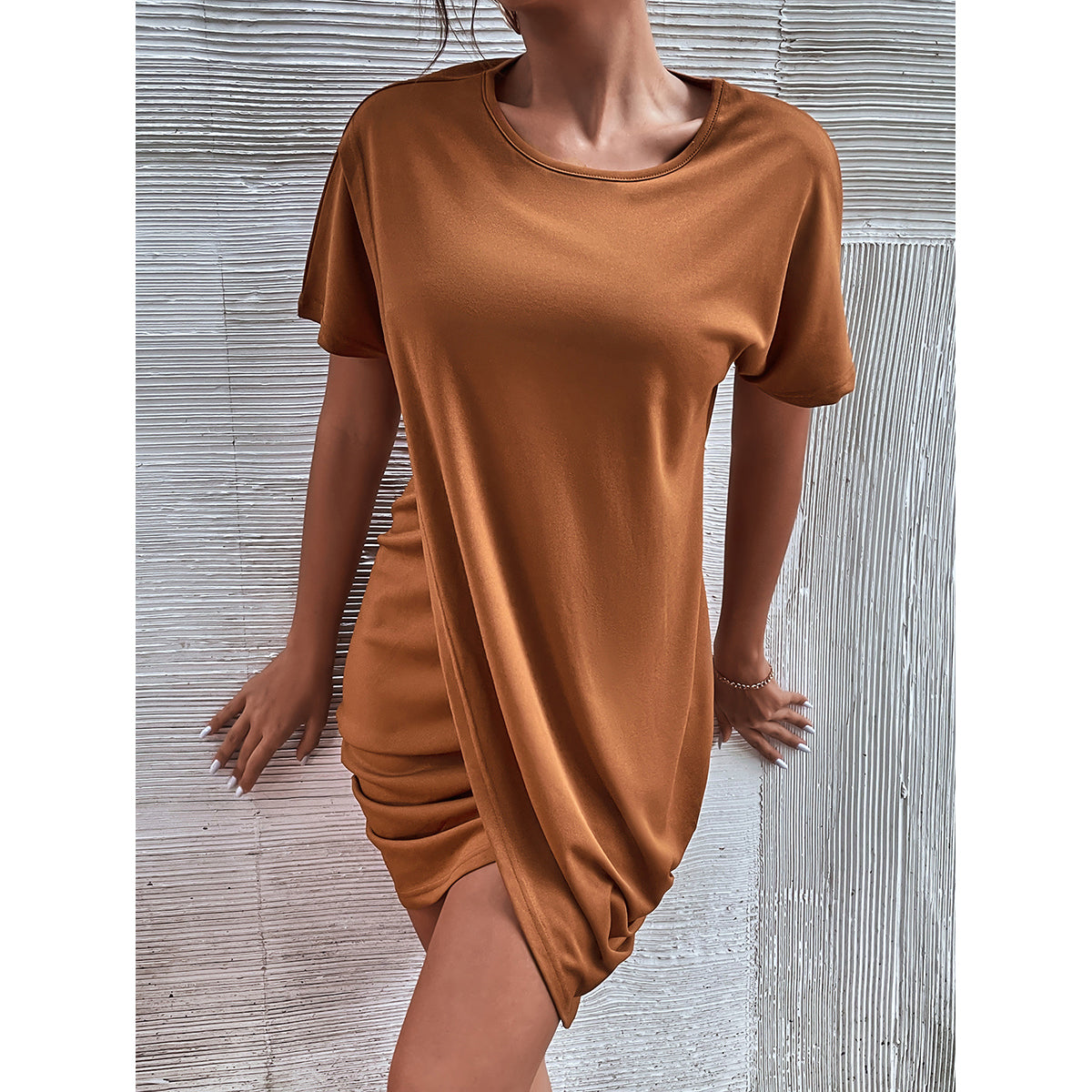 Brown Extended Sleeves Gathered Detail T-shirt Mini Dress