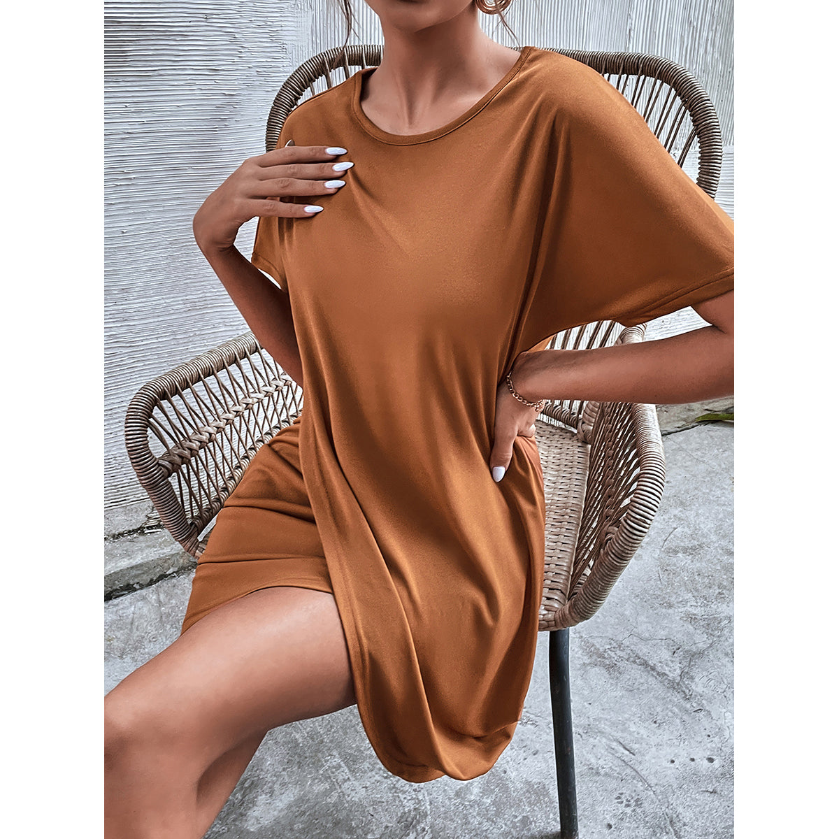 Brown Extended Sleeves Gathered Detail T-shirt Mini Dress