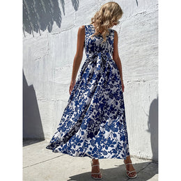 Blue Floral Print Sleeveless Maxi Dress