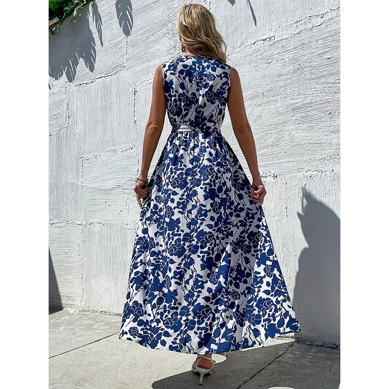 Blue Floral Print Sleeveless Maxi Dress