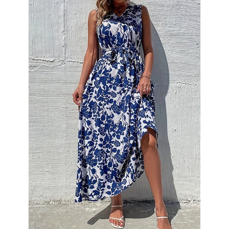 Blue Floral Print Sleeveless Maxi Dress