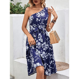 Blue Floral Printed One Shoulder A-Line Dress