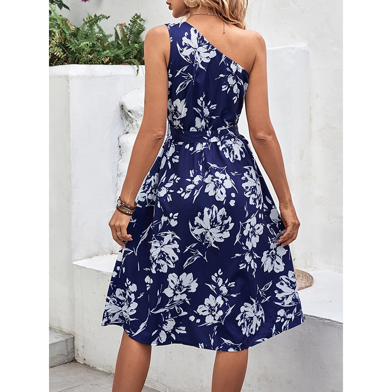Blue Floral Printed One Shoulder A-Line Dress