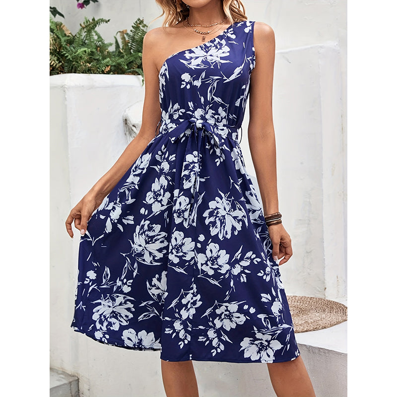 Blue Floral Printed One Shoulder A-Line Dress