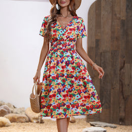 Women Green, Yellow & Red Floral Printed Fit and Flare Dress