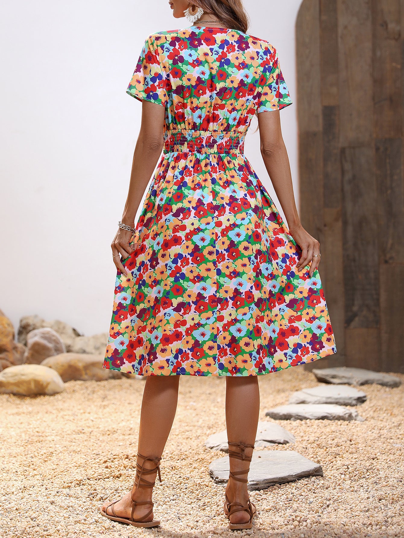 Women Green, Yellow & Red Floral Printed Fit and Flare Dress