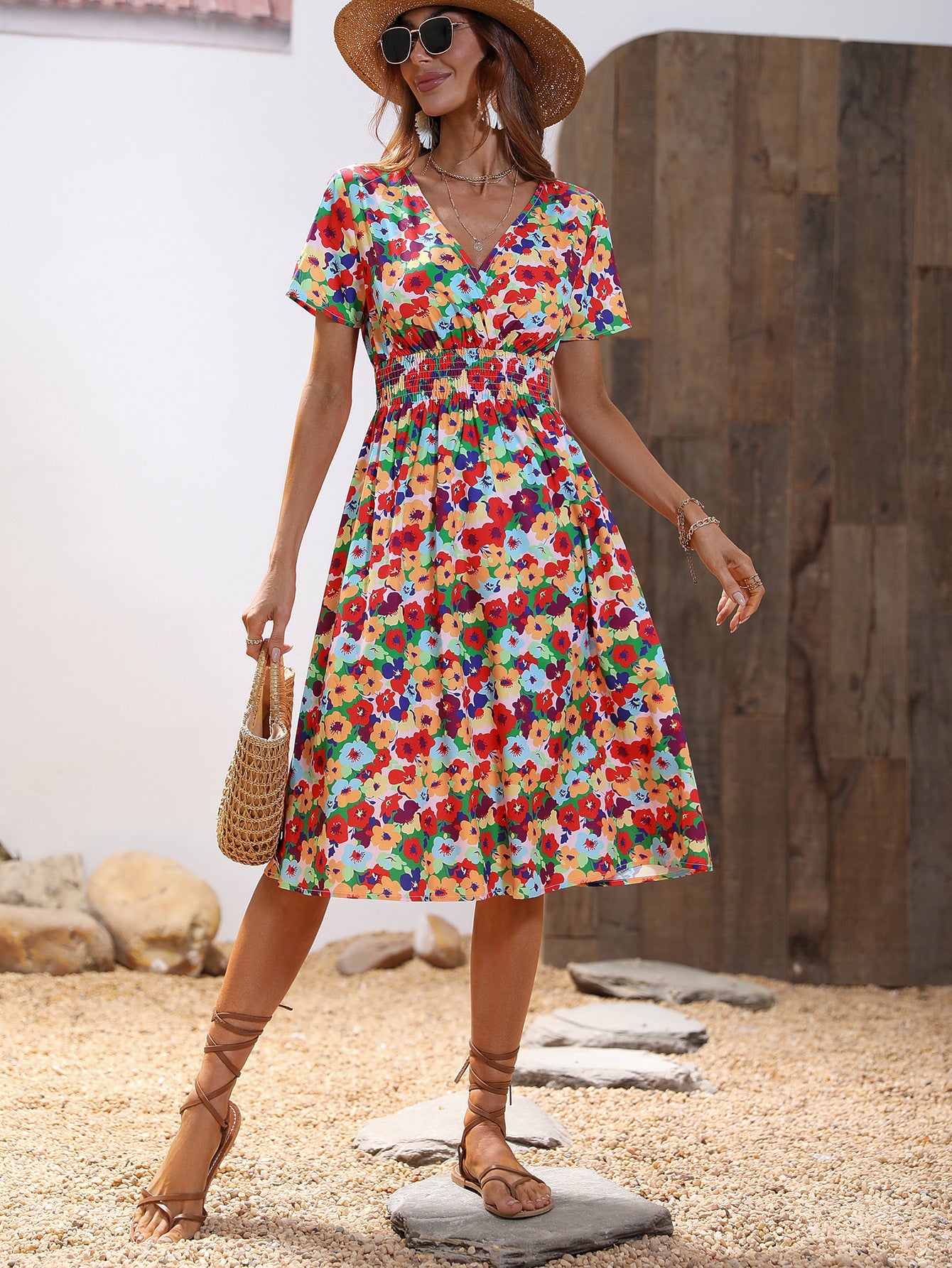 Women Green, Yellow & Red Floral Printed Fit and Flare Dress