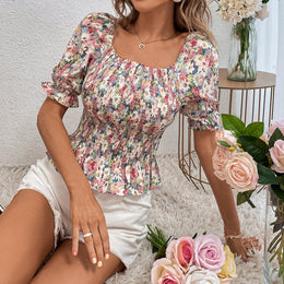 Pink Floral Printed Square Neck Puff Sleeve Smocking Detail Peplum Top