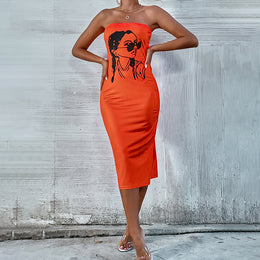 Orange Graphic Printed Strapless Bodycon Midi Dress