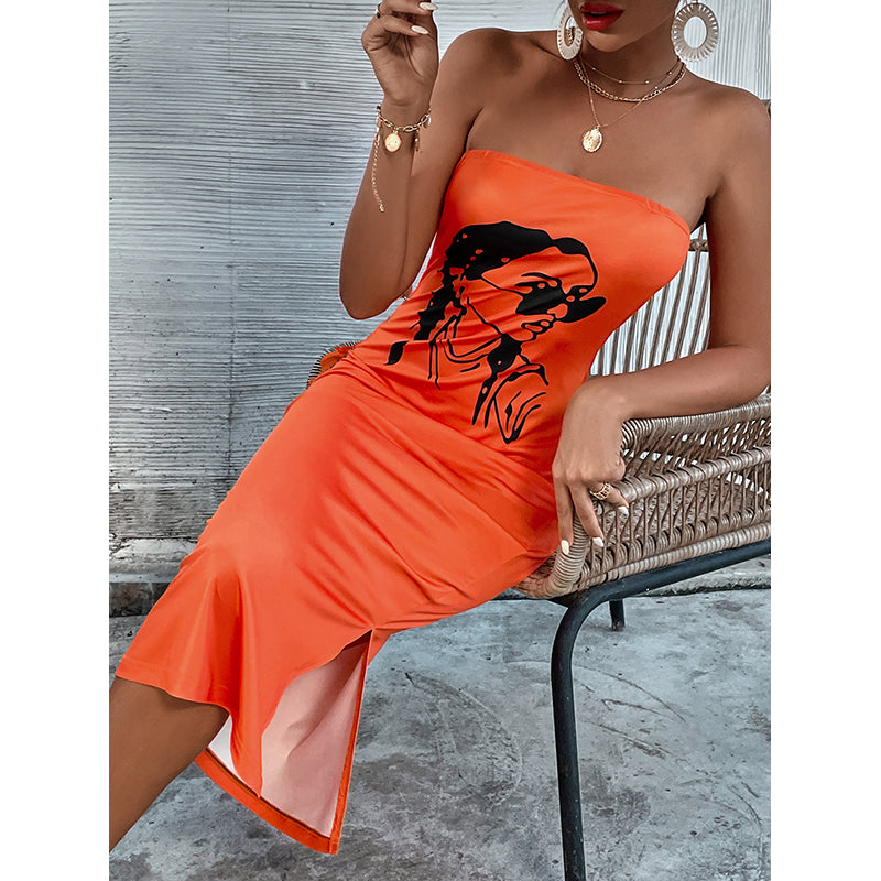Orange Graphic Printed Strapless Bodycon Midi Dress