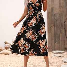 Floral Printed Shoulder Straps Midi Fit & Flare Midi Dress